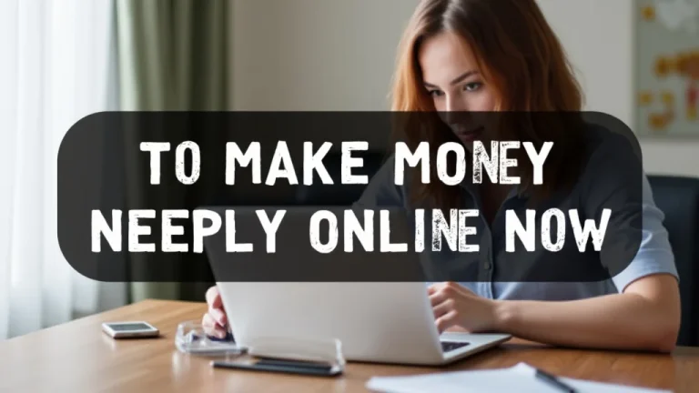 The image shows a person happily working on a laptop, representing easy ways to make money online now.