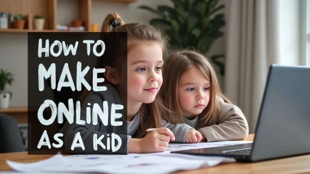 The image shows a young person happily working on a laptop, illustrating ways kids can make money online.